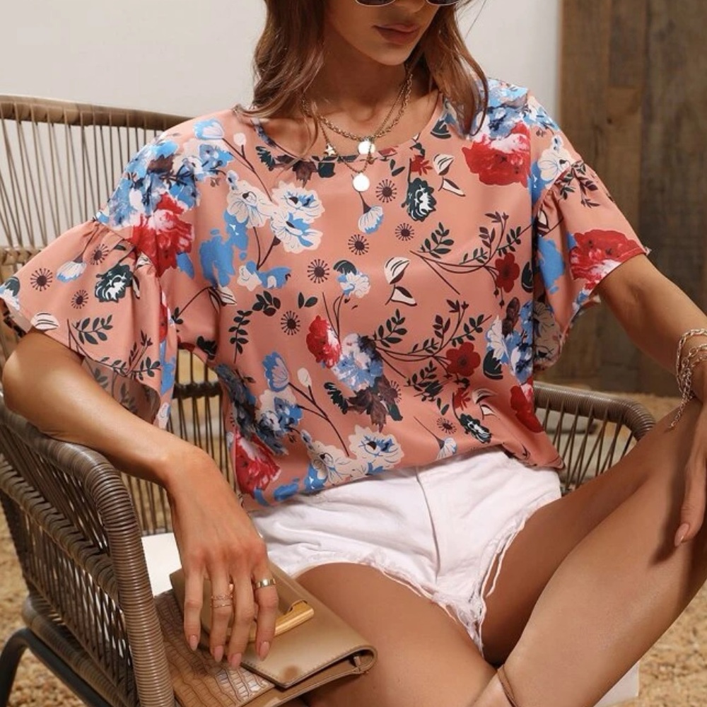 Floral Print Flounce Sleeve Blouse - Picture 4 of 7